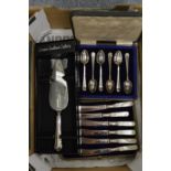 A cased set of butter knives, a set of teaspoons and a cake slice.
