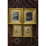 A pair of small watercolour paintings and a pair of gilt framed engravings.