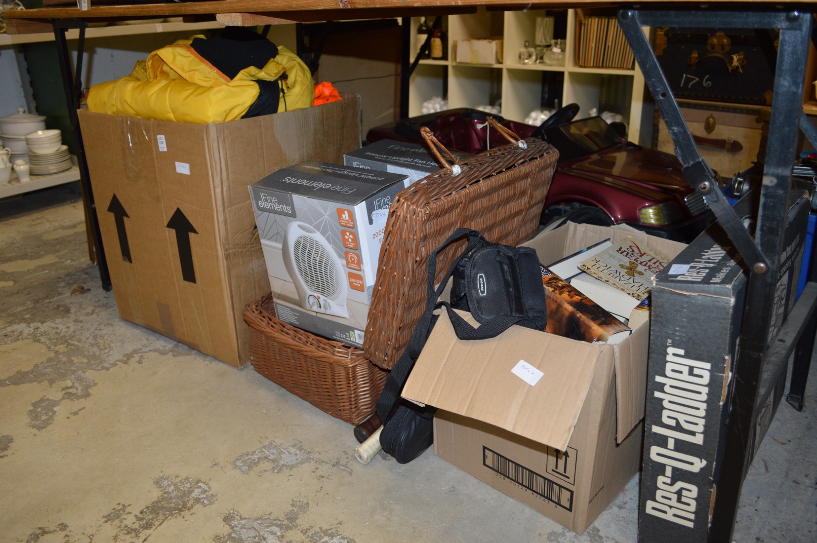 Household miscellaneous to include waterproof clothing, electric fan heaters, books etc.
