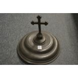 A large Continental pewter cover mounted with a crucifix, engraved inscription to the interior.