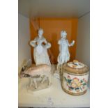 A pair of figurines, model of a deer and a jar and cover (faults).