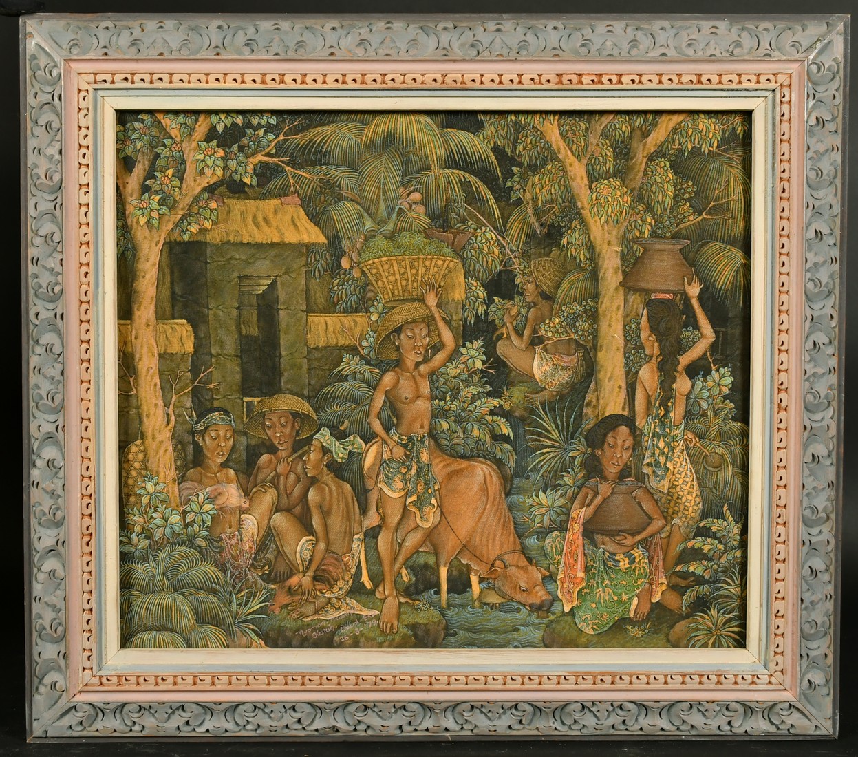 Nyoman Nampi (20th Century) Indonesian, A Balinese scene of figures carrying baskets, tempera on - Image 2 of 4