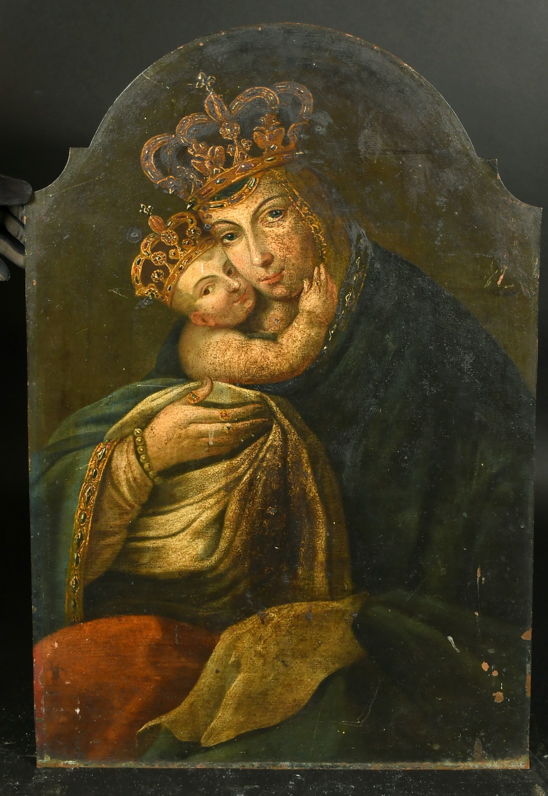 Spanish School probably 17th Century, virgin and child wearing jewelled crowns, oil on copper with a - Image 2 of 4