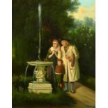 20th Century Continental School, A family group standing on a path by a marble water feature, oil on