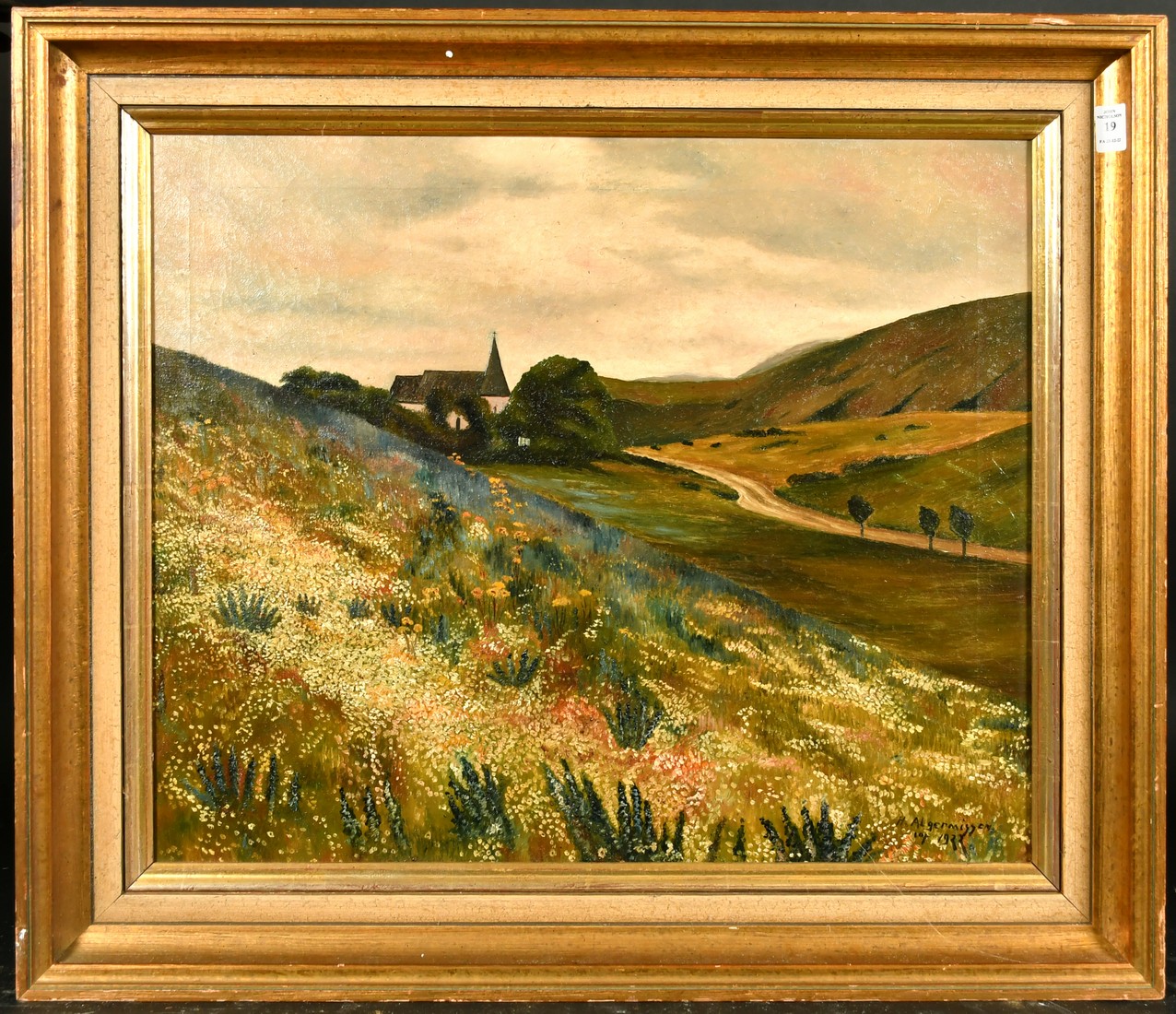 H. Algermissen, circa 1922, wildflowers in a landscape with a church beyond, oil on canvas, signed - Image 2 of 4