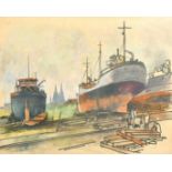 Erich Blas (1903-1987) German, boats in dock, watercolour and pastel, label verso, 18" x 24", (46