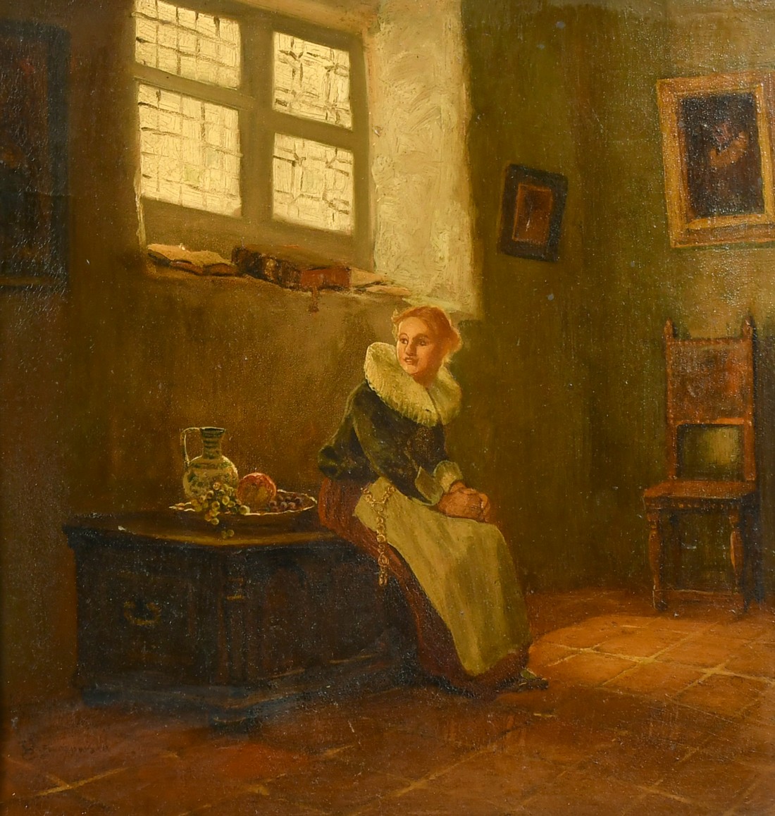 Dutch School, circa 1900, An interior scene with a young lady seated on a wooden coffer next to a