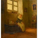 Dutch School, circa 1900, An interior scene with a young lady seated on a wooden coffer next to a