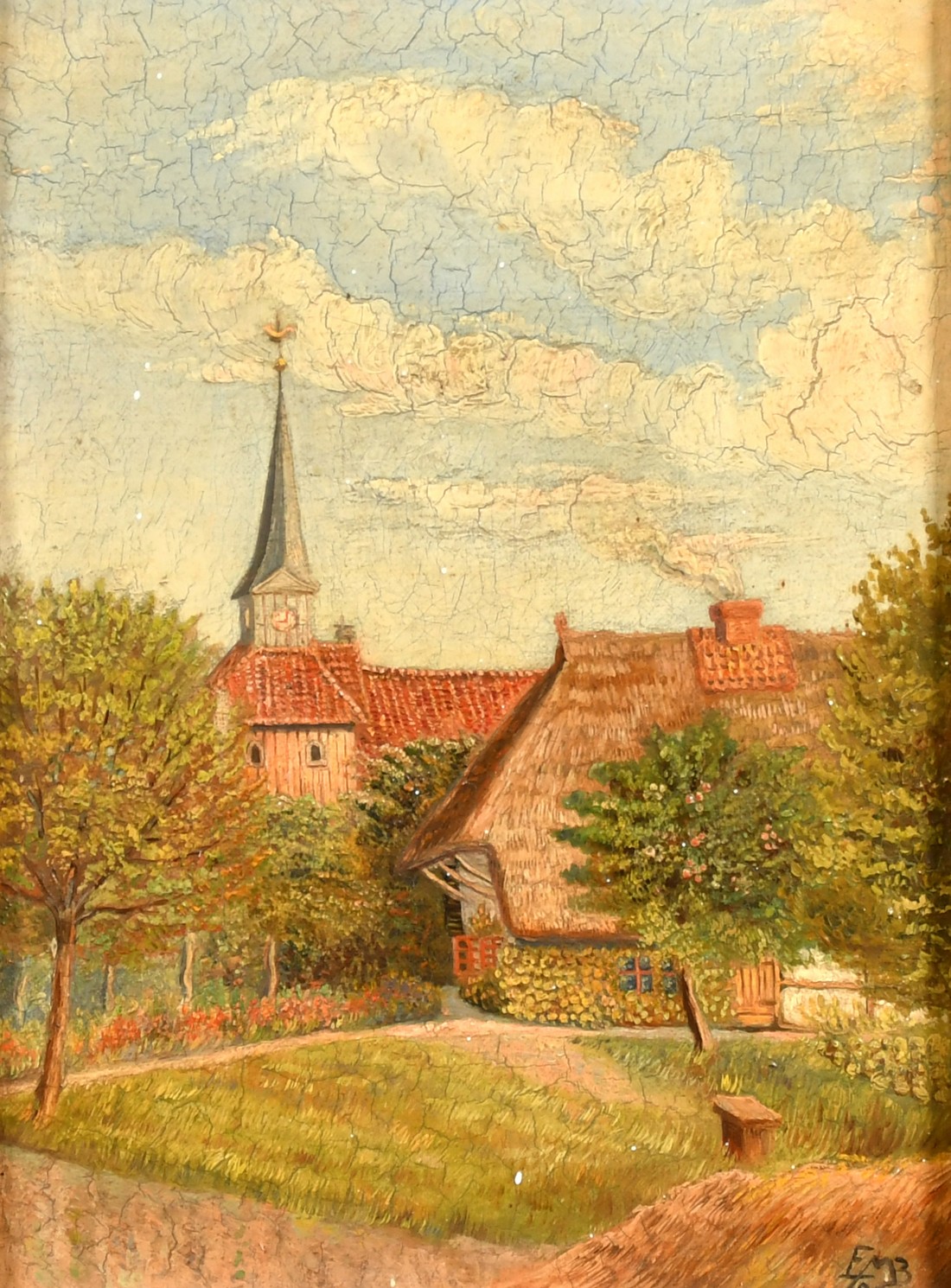 Late 19th Century, View from a garden with a thatched house, looking towards a church spire, oil