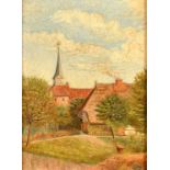 Late 19th Century, View from a garden with a thatched house, looking towards a church spire, oil