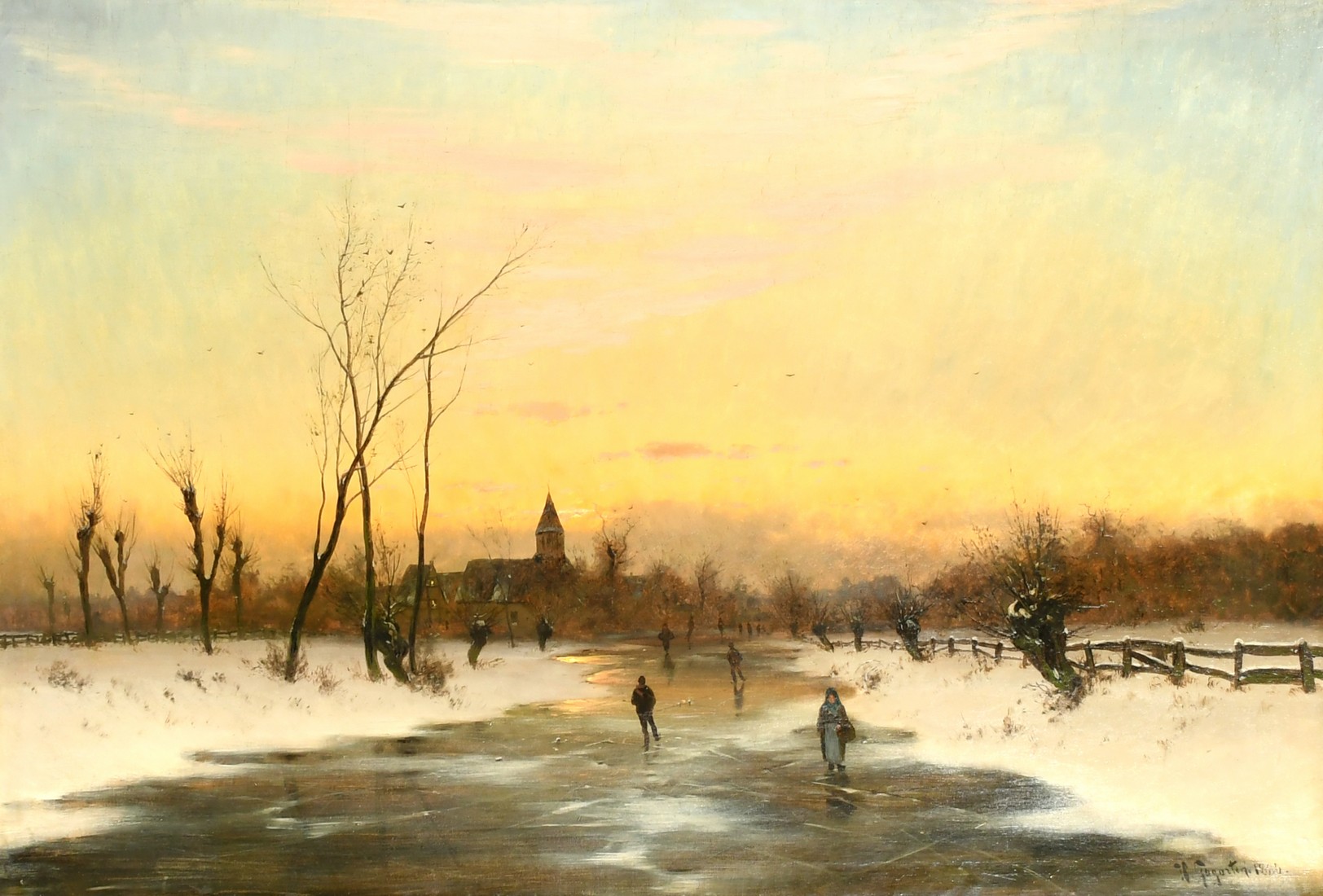 Heinrich Gogarten (1850-1911) German, skaters on a frozen waterway at dusk, oil on canvas, signed