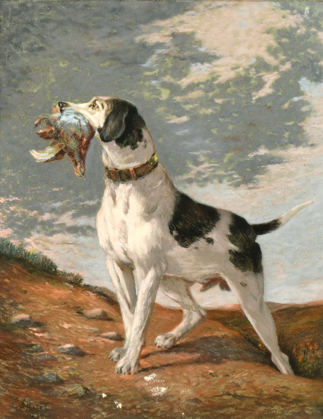 Mid-20th Century Continental, A pair of dogs standing in landscapes with caught game, pastels,