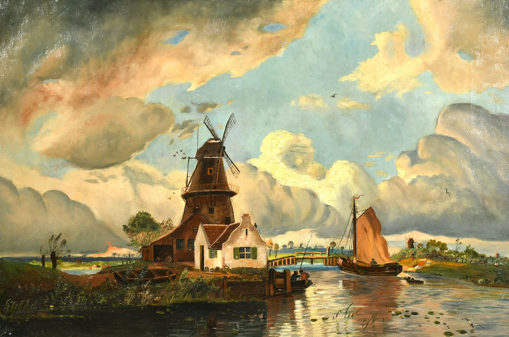 19th Century, a river landscape with a windmill and figures on a barge, oil on canvas, 15.5" x 23.