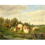 Frans Lebret (1820-1909) Dutch, figures and sheep by a stream with a windmill and church spire