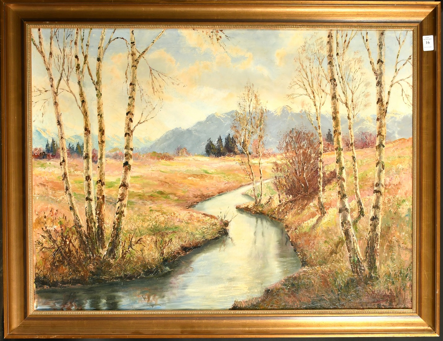 Hiller, Early 20th Century Continental School, a river landscape with mountains beyond, oil on - Image 2 of 4