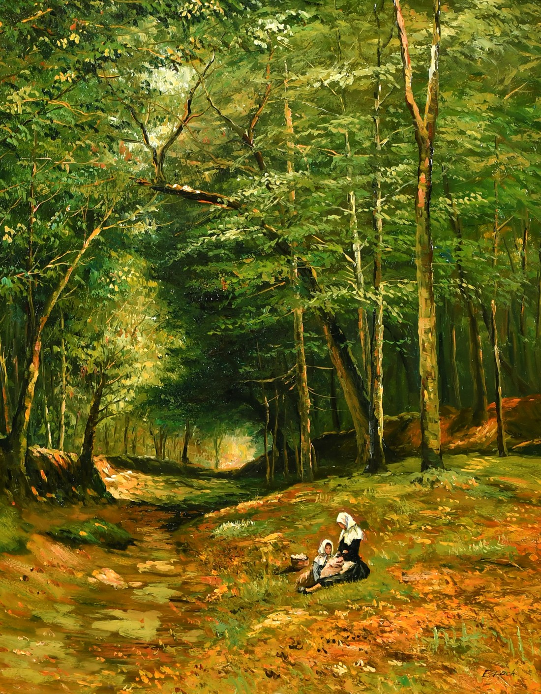 20th Century Continental School, female figures resting in a woodland clearing, oil on panel,