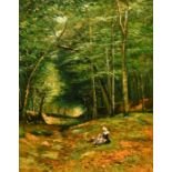 20th Century Continental School, female figures resting in a woodland clearing, oil on panel,