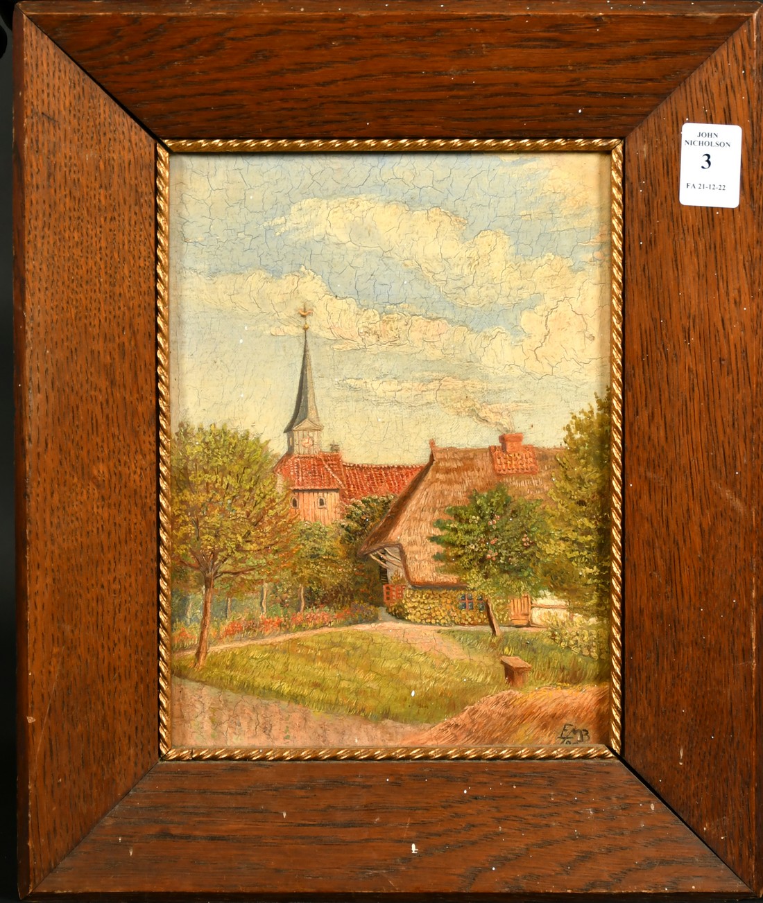 Late 19th Century, View from a garden with a thatched house, looking towards a church spire, oil - Image 2 of 4