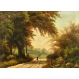 Late 19th Century Continental School, a female wayfarer on a pathway through the woods, oil on