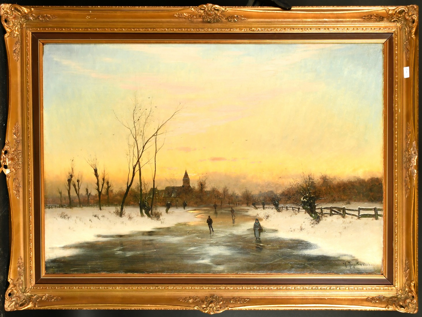 Heinrich Gogarten (1850-1911) German, skaters on a frozen waterway at dusk, oil on canvas, signed - Image 2 of 4