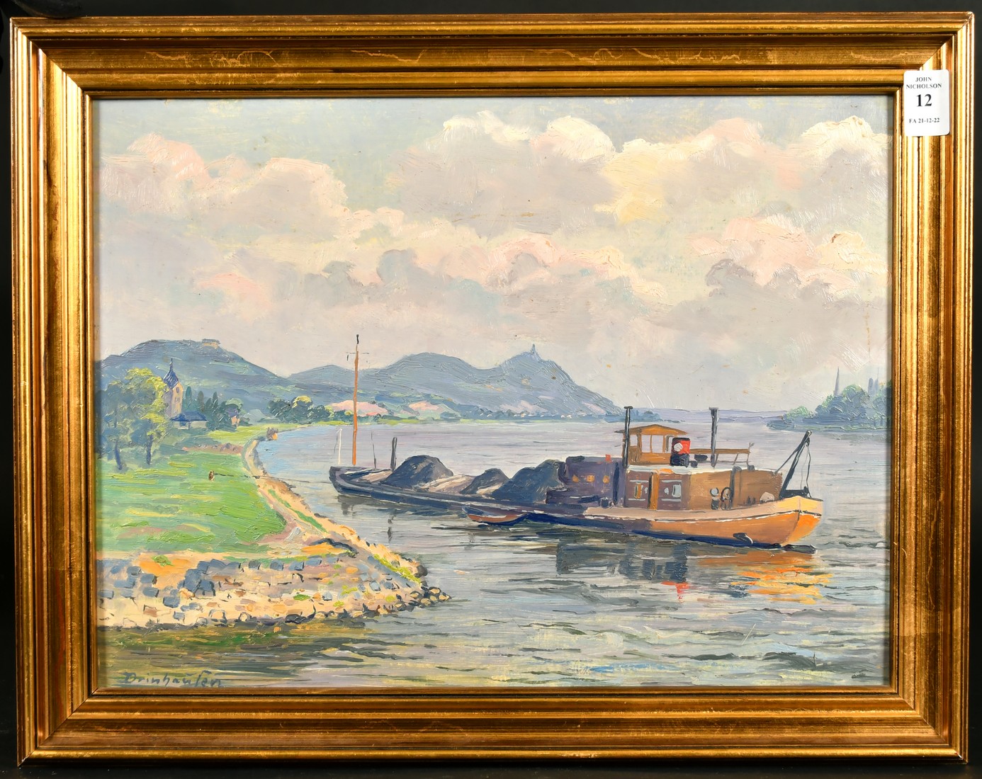 Toni Drinhausen (1915-1981), barges hauling goods on a wide river, oil on board, signed, 11.5" x - Image 2 of 4