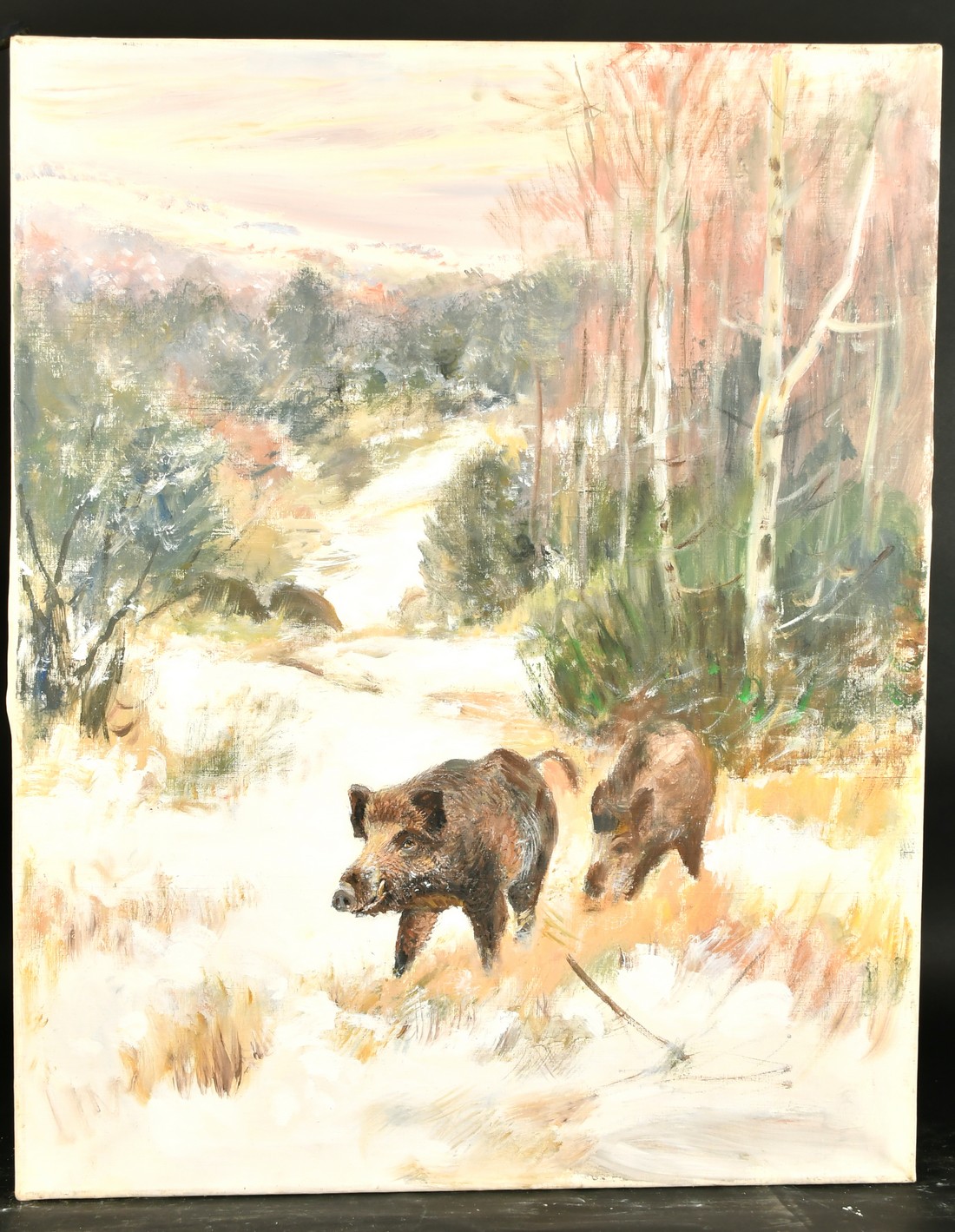 20th Century German School, wild boar in a winter landscape at dusk with a hill view beyond, oil - Image 2 of 3