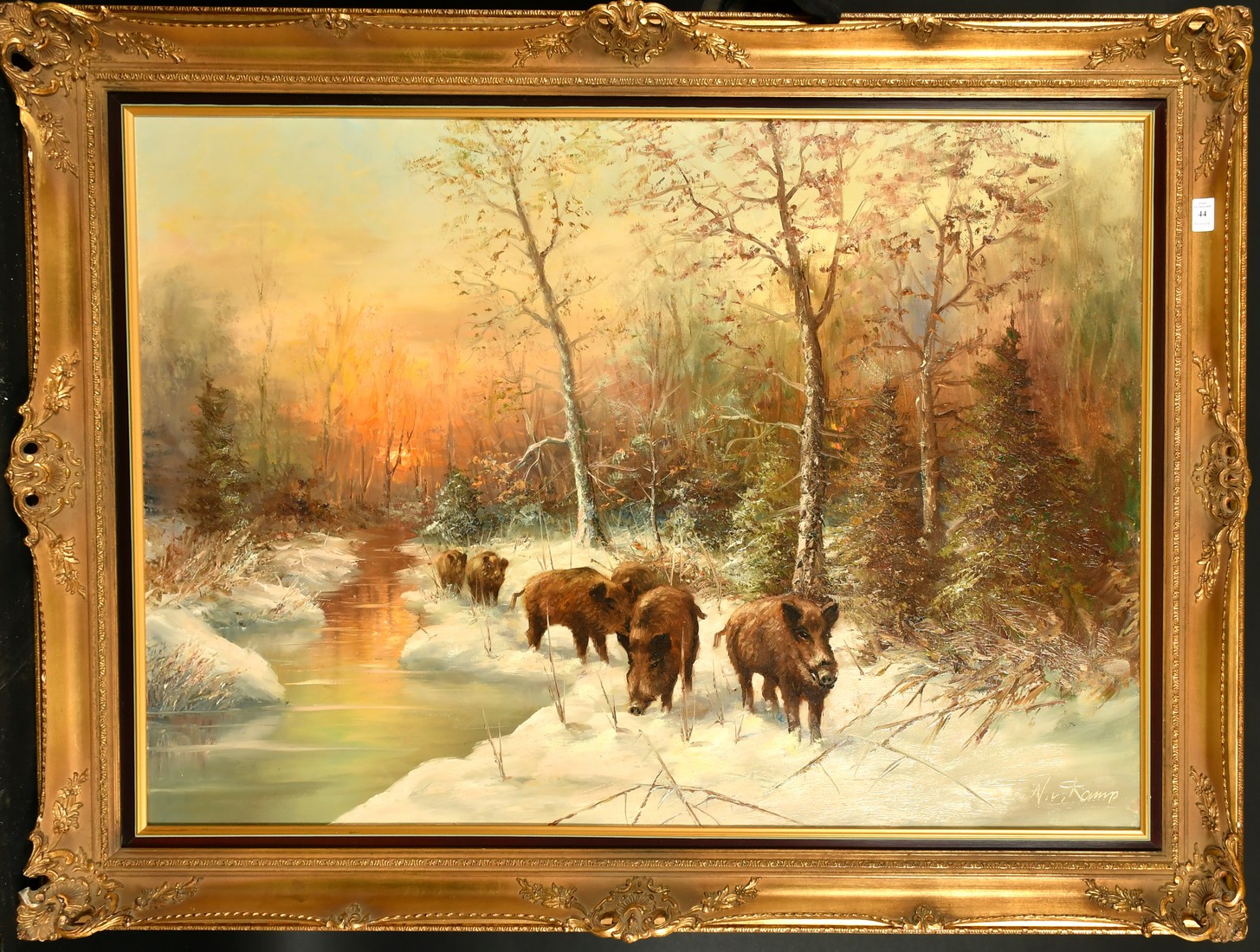 W. Von Kamp (20th Century) German School, wild boar gathered along the edge of a stream in a snowy - Image 2 of 4