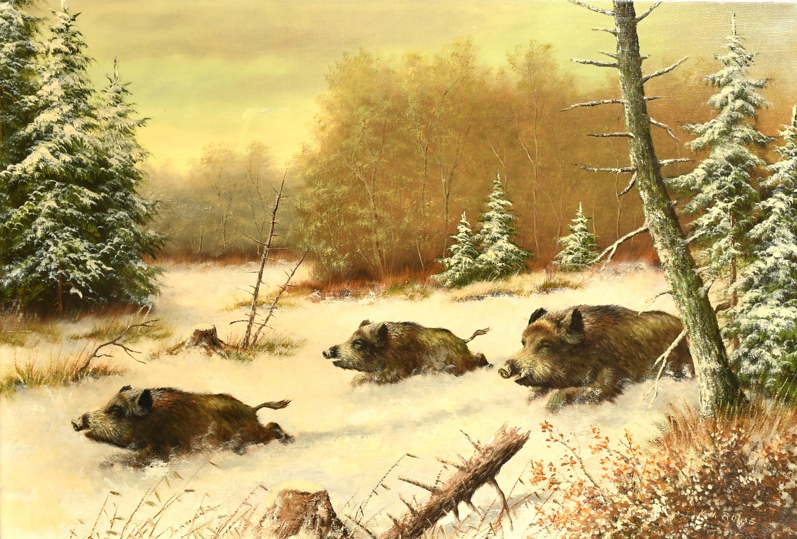 Karl-Hans Boese (b. 1919), wild boar running through snow at dusk, oil on canvas, signed, 23.5" x