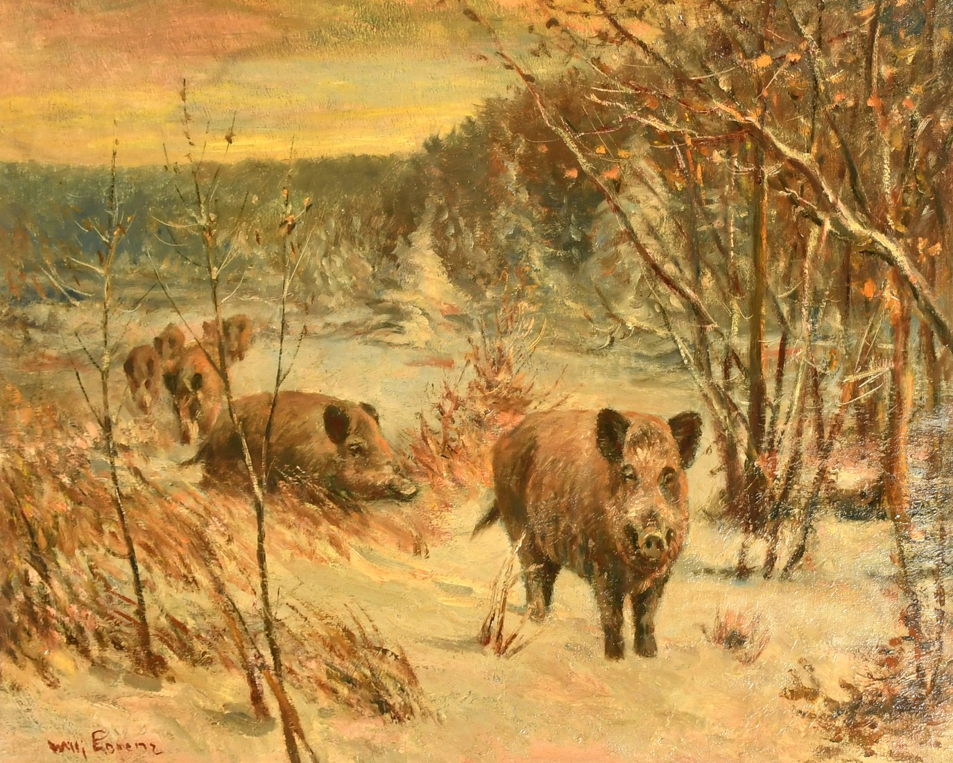 Wilhelm (Willi) Lorenz (1901-1981) German, A herd of wild boar walking through a snow-covered