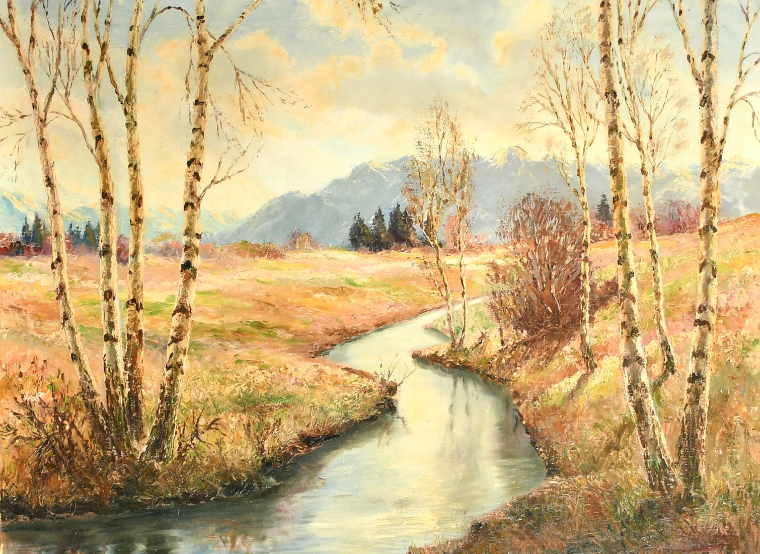 Hiller, Early 20th Century Continental School, a river landscape with mountains beyond, oil on