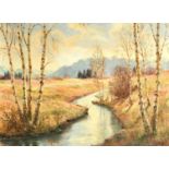 Hiller, Early 20th Century Continental School, a river landscape with mountains beyond, oil on