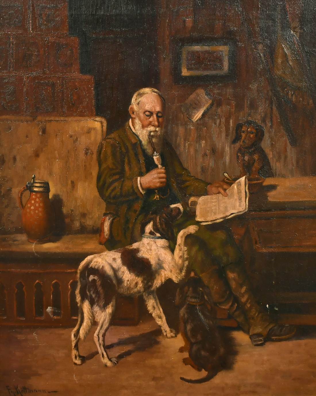 Friedrich Kottmann (19th/20th Century) German, a gentleman reading a paper surrounded by his