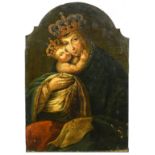 Spanish School probably 17th Century, virgin and child wearing jewelled crowns, oil on copper with a