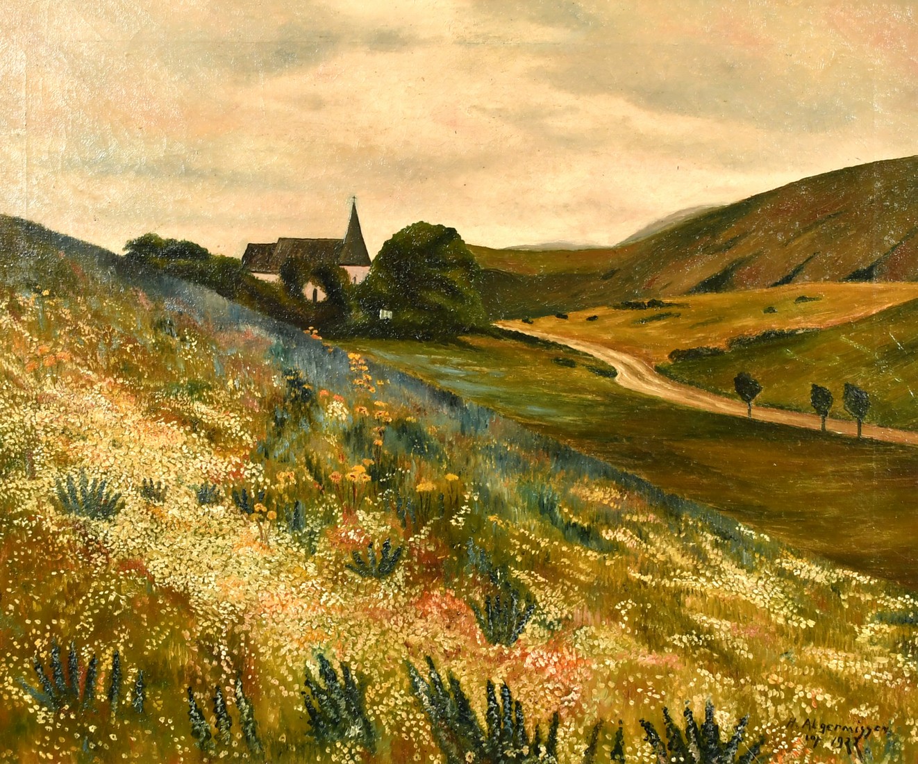 H. Algermissen, circa 1922, wildflowers in a landscape with a church beyond, oil on canvas, signed