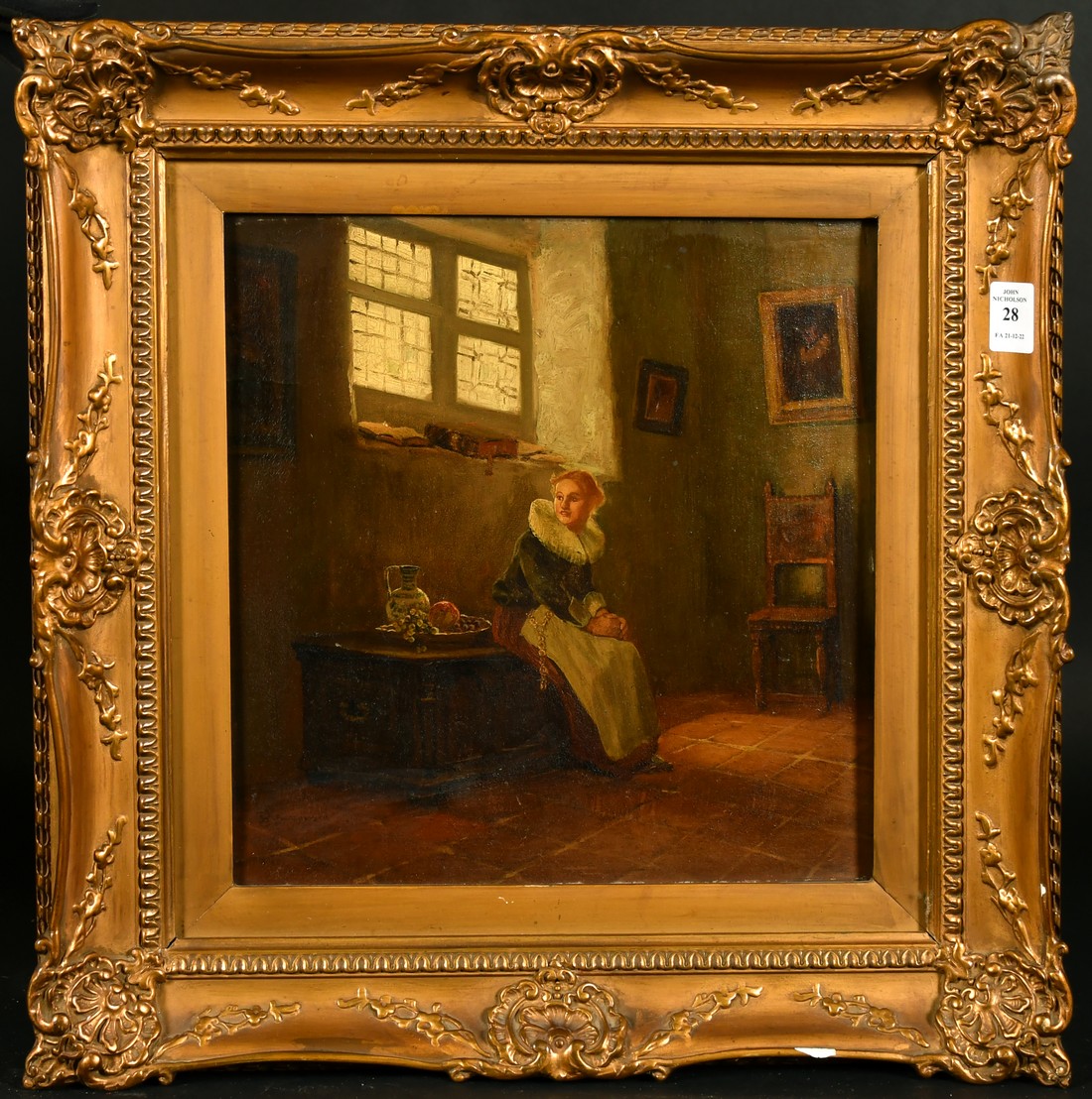 Dutch School, circa 1900, An interior scene with a young lady seated on a wooden coffer next to a - Image 2 of 4