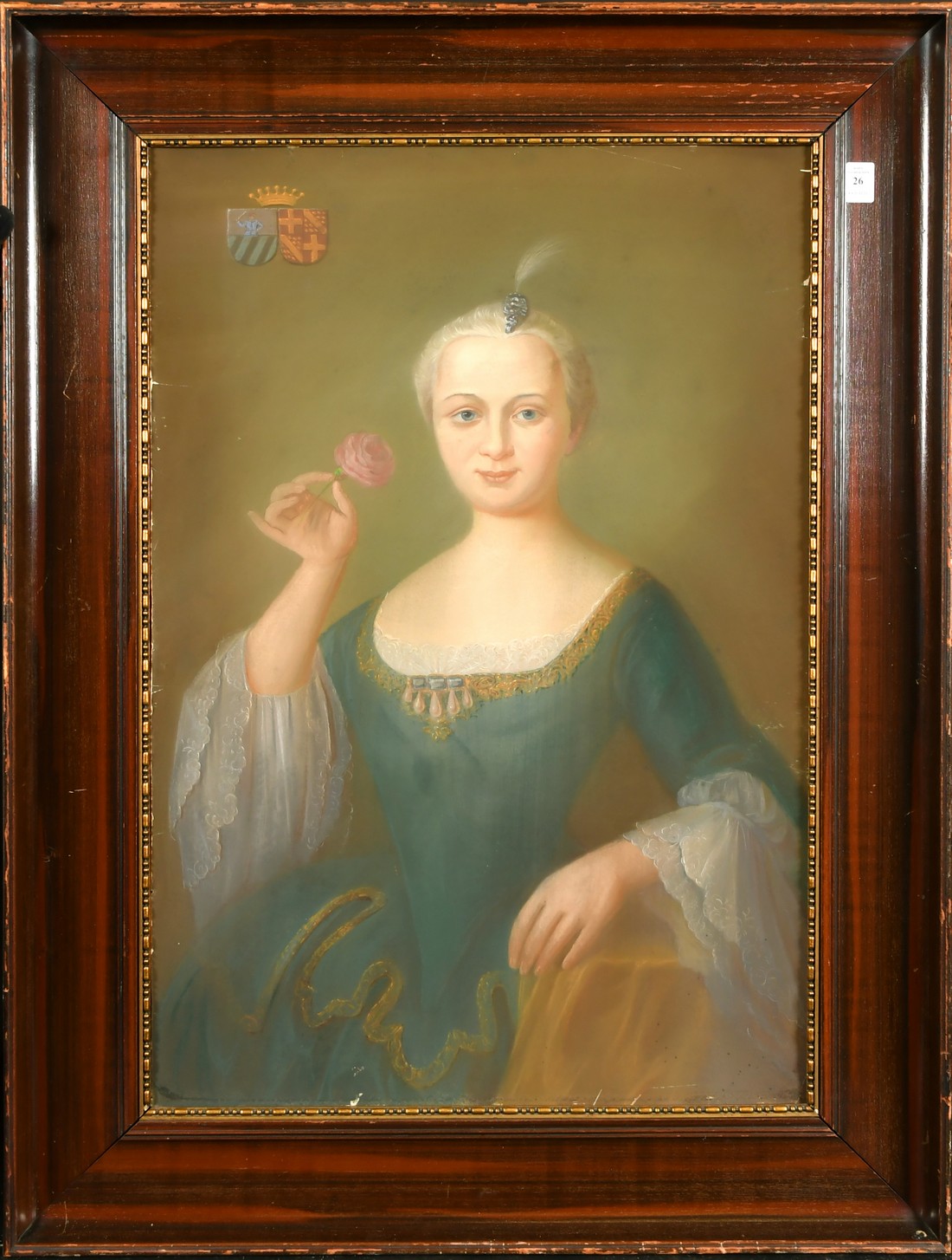 A 19th Century Continental School pastel portrait of lady holding a flower with a coat of arms top - Image 2 of 4