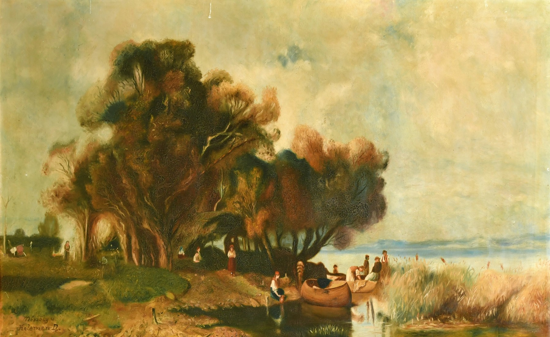 Kelemen (Early 20th Century), figures gathered by the water's edge, oil on canvas, signed, 29.5" x