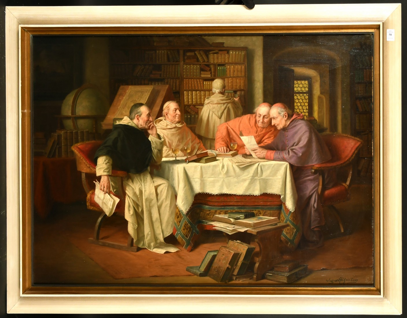 Josef Wagner-Hohenberg (1870-1939) German, cardinals pondering texts over a glass of wine, oil on - Image 2 of 4