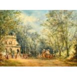 20th Century Continental School, elegant figures gathered outside a country house, oil on board,