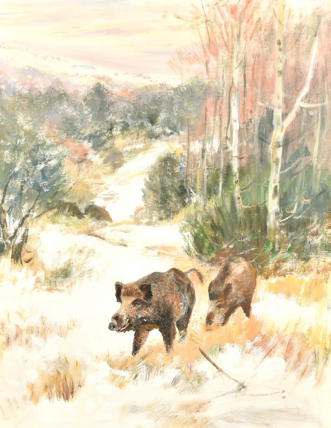 20th Century German School, wild boar in a winter landscape at dusk with a hill view beyond, oil