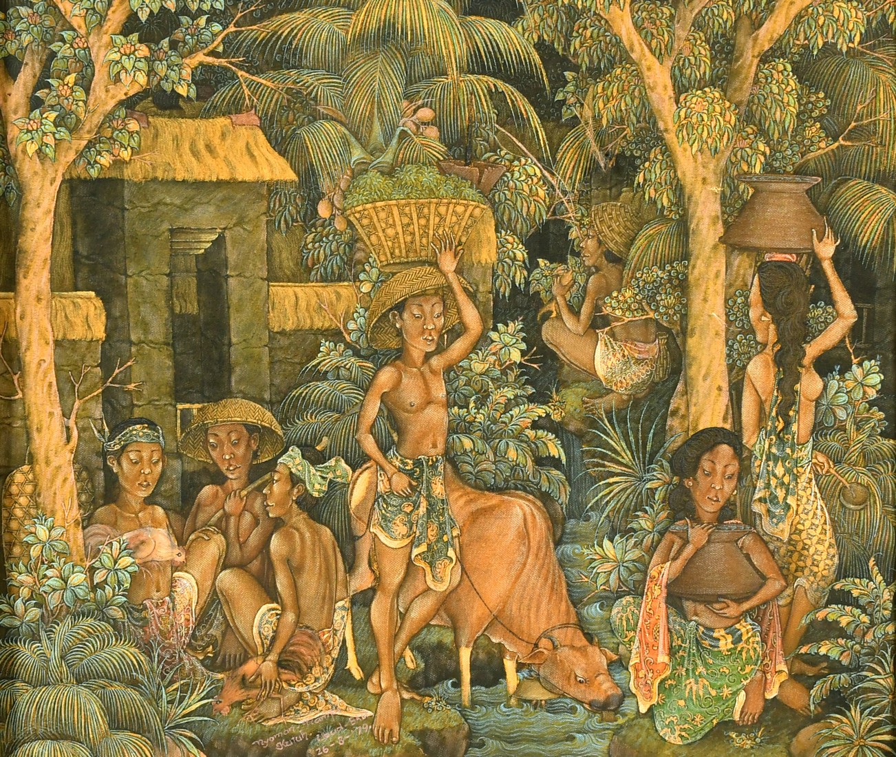 Nyoman Nampi (20th Century) Indonesian, A Balinese scene of figures carrying baskets, tempera on