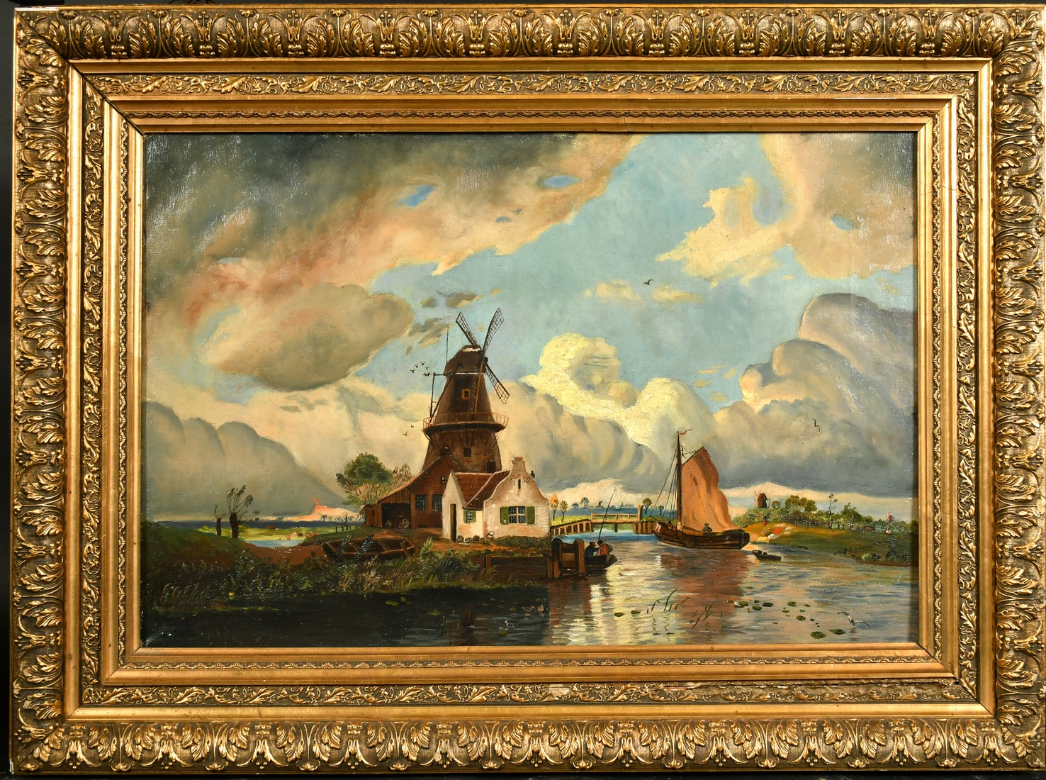 19th Century, a river landscape with a windmill and figures on a barge, oil on canvas, 15.5" x 23. - Image 2 of 3