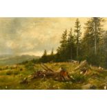 19th Century Continental School, deer on a hillside by a forest edge, oil on canvas, indistinctly