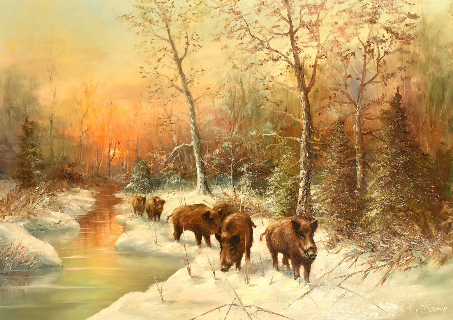 W. Von Kamp (20th Century) German School, wild boar gathered along the edge of a stream in a snowy