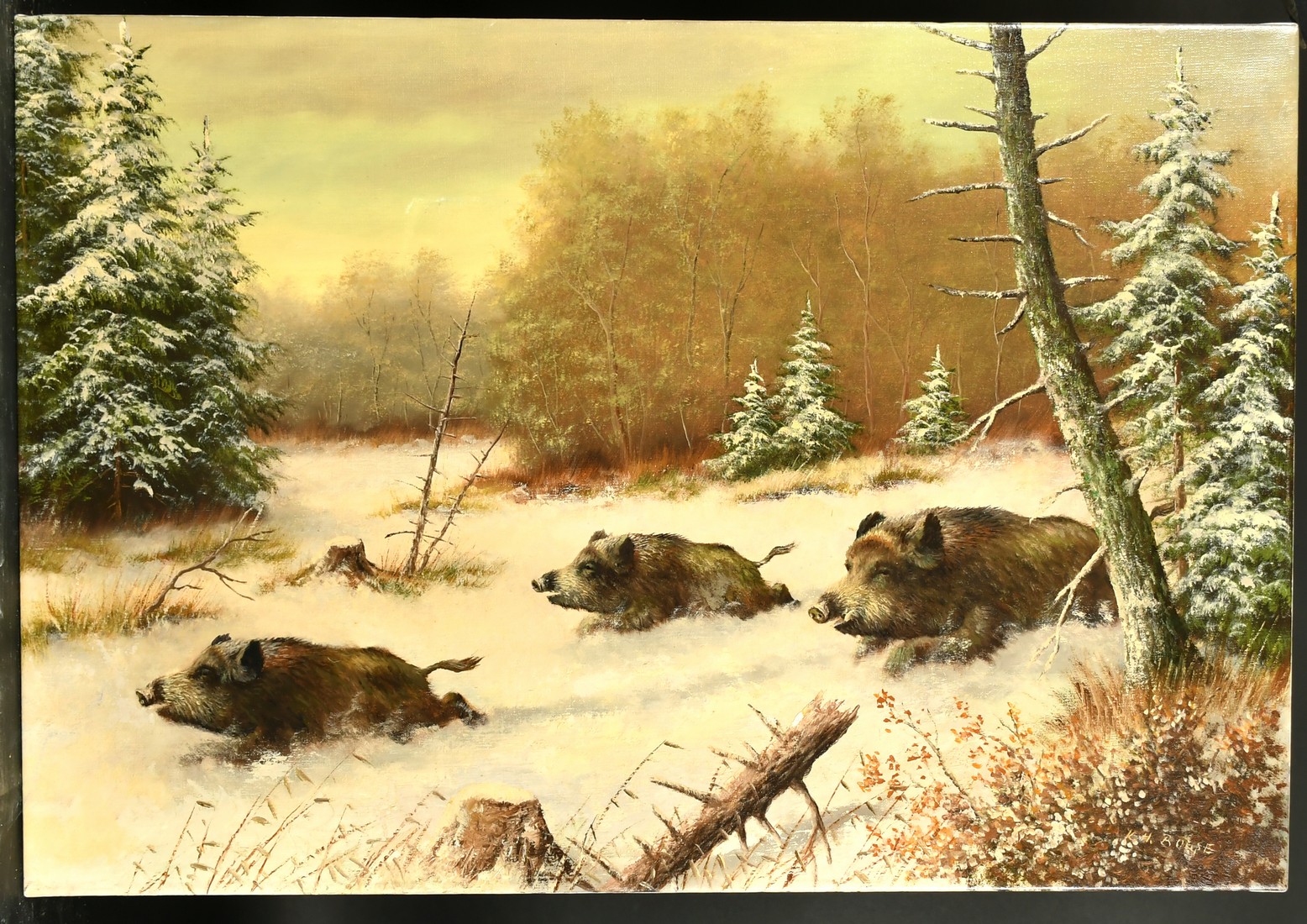 Karl-Hans Boese (b. 1919), wild boar running through snow at dusk, oil on canvas, signed, 23.5" x - Image 2 of 4