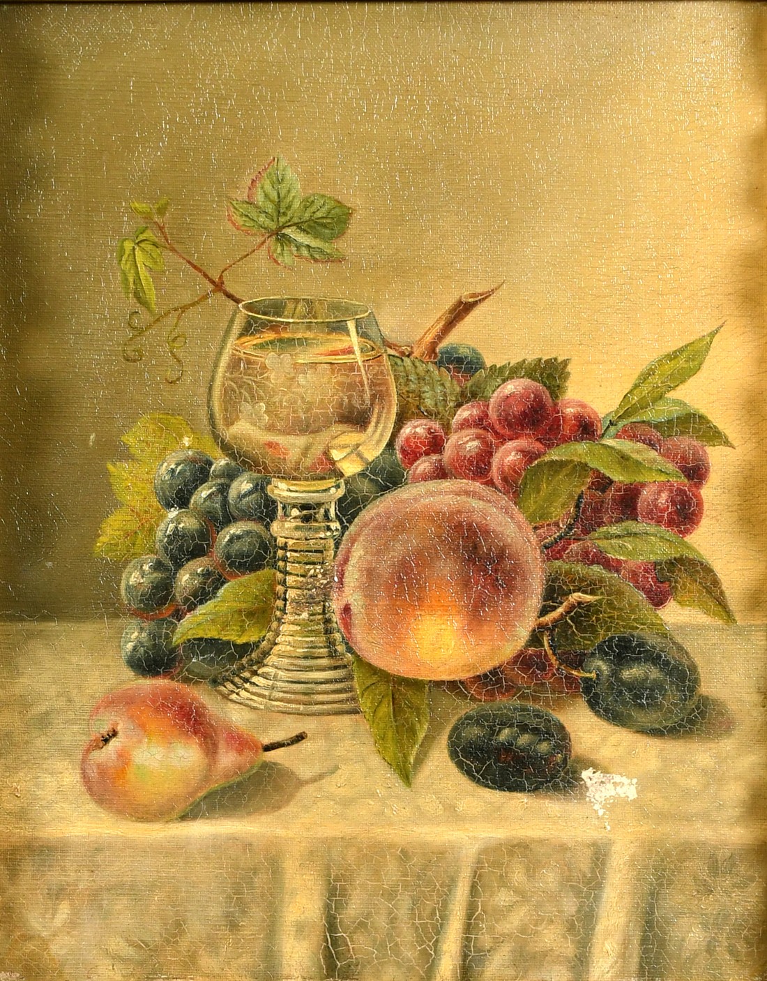 19th Century German School, a still life of fruit, vines and a glass, oil on canvas, 14" x 11.5", ( - Image 2 of 3