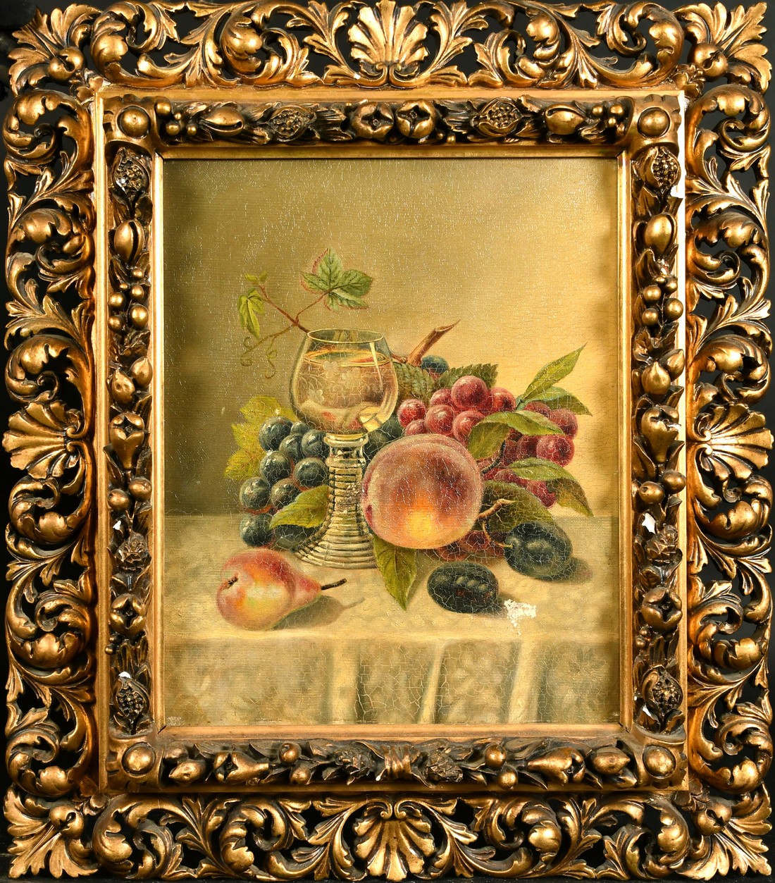 19th Century German School, a still life of fruit, vines and a glass, oil on canvas, 14" x 11.5", (