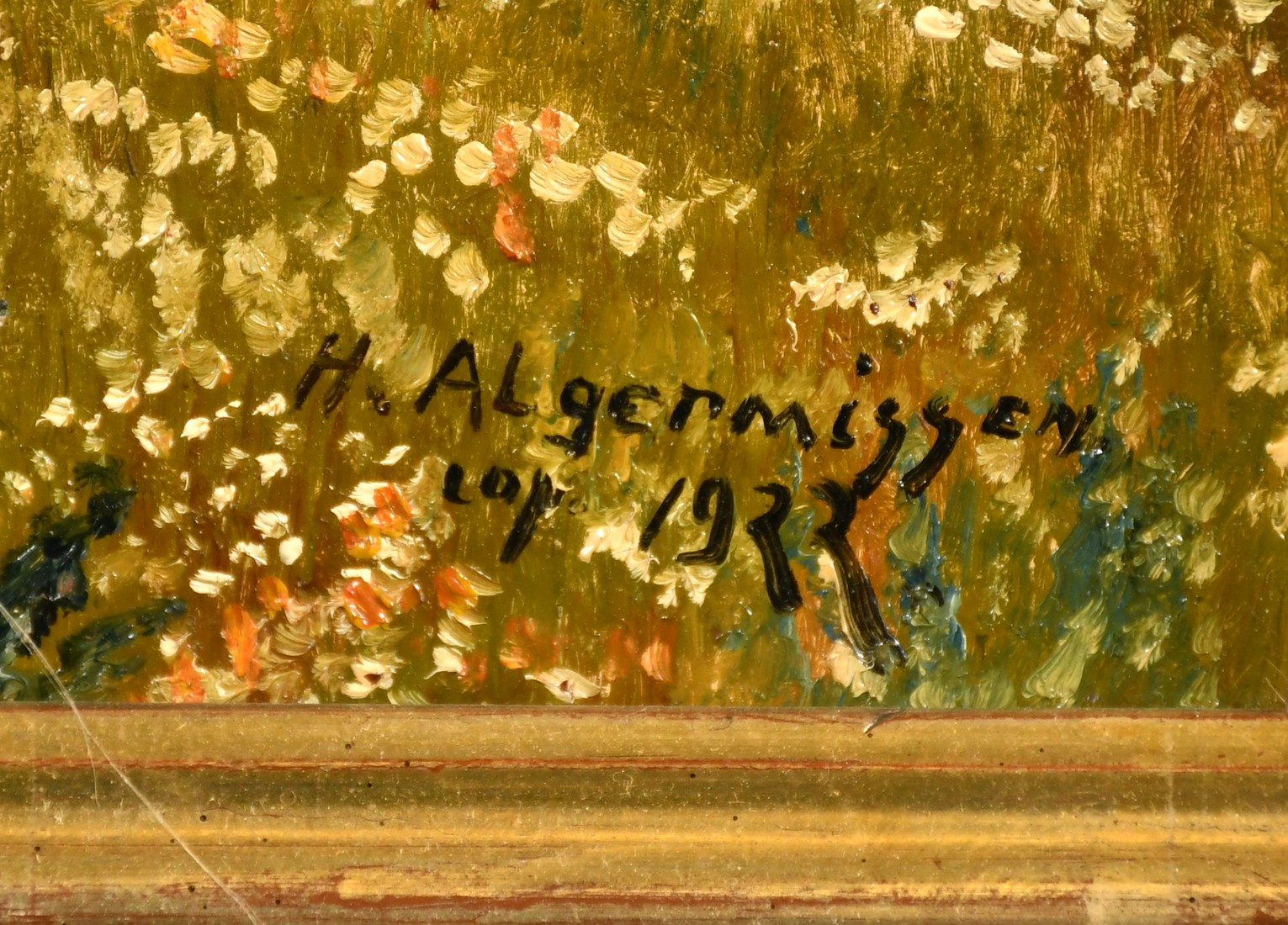 H. Algermissen, circa 1922, wildflowers in a landscape with a church beyond, oil on canvas, signed - Image 3 of 4