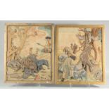 A RARE PAIR OF STUMPWORK AND NEEDLEWORK PICTURES OF HUNTING SCENES showing the kill and game. Framed