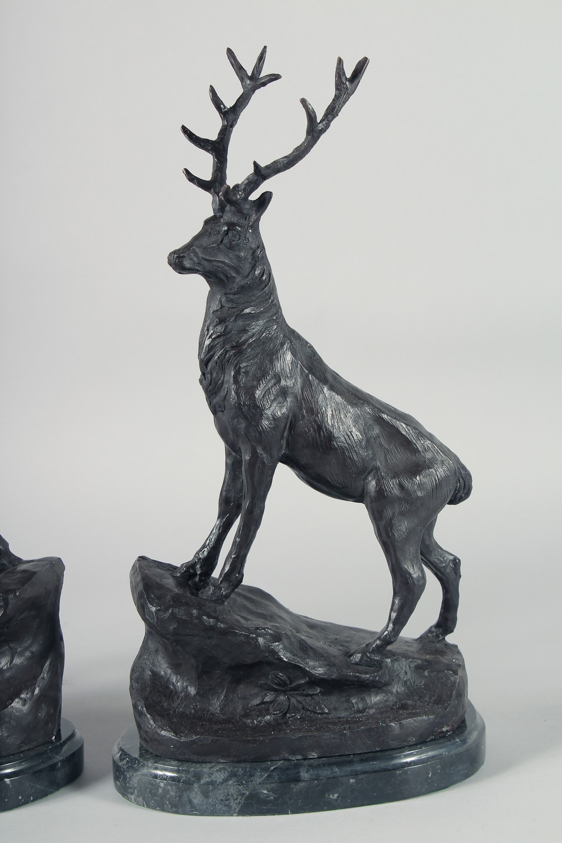 AFTER J. MOIGNIEZ. A PAIR OF BRONZE STAGS on a marble base. 17ins high. - Image 3 of 4